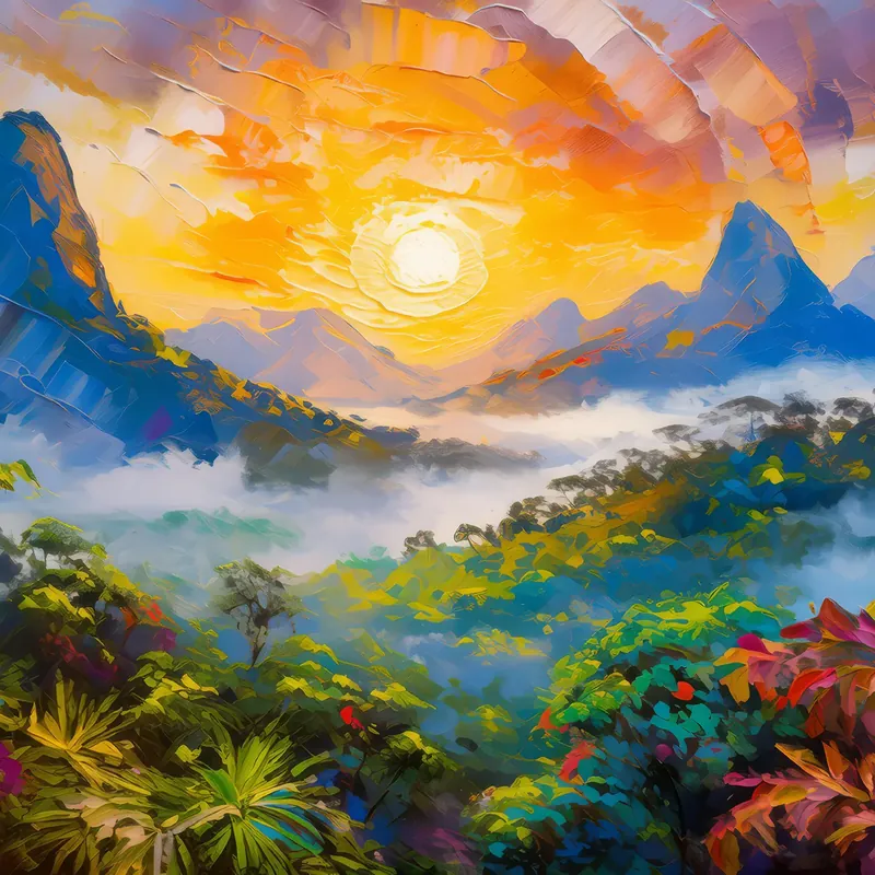 Painting: Sunrise on Tropical Peaks