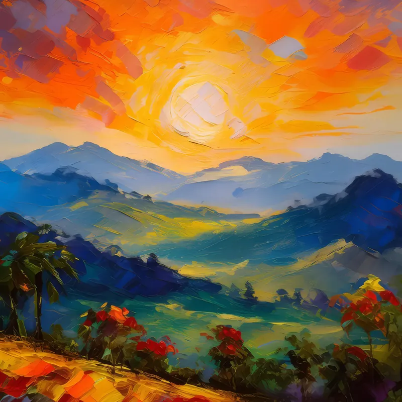 Painting: Sunset Fire on Mountain Slopes