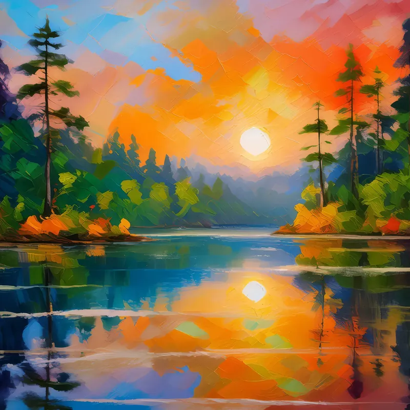 Painting: Sunset Over Forest Lake