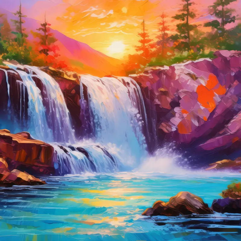 Painting: Sunset Over Forest Waterfall