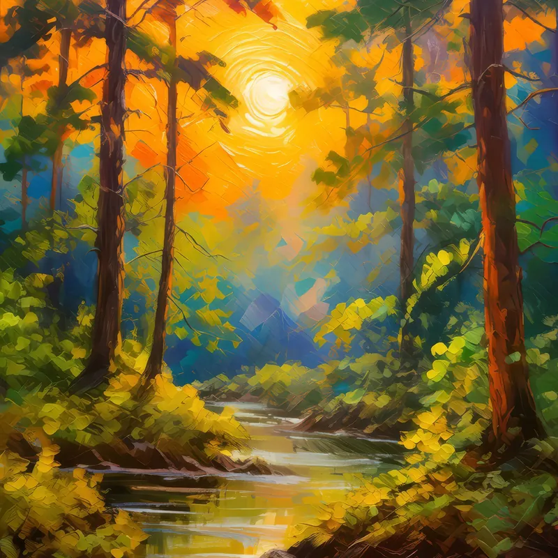 Painting: Sunset Through Forest Canopy