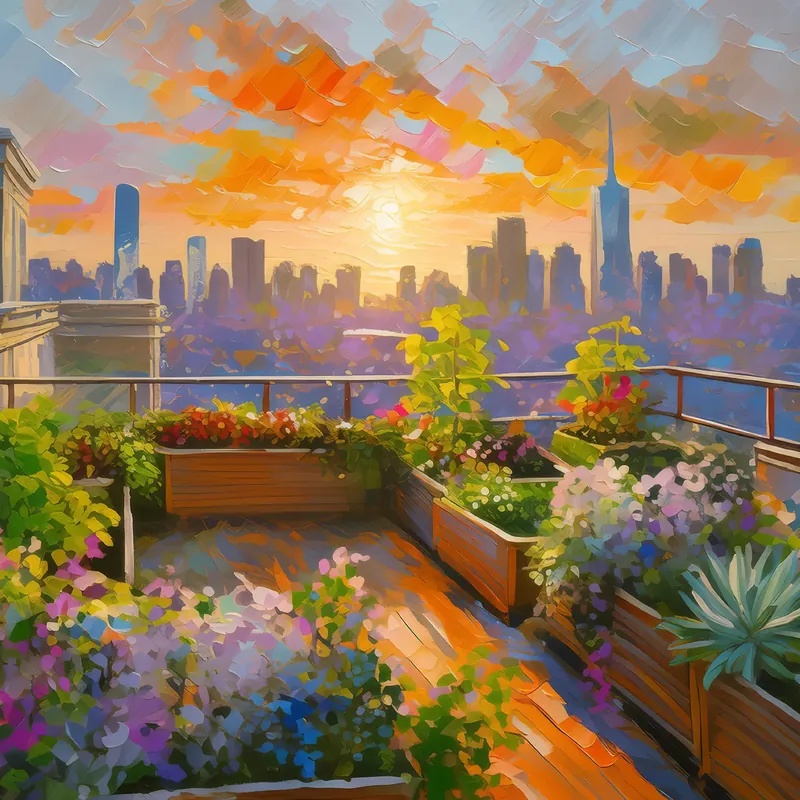 Painting: Urban Rooftop at Sunset