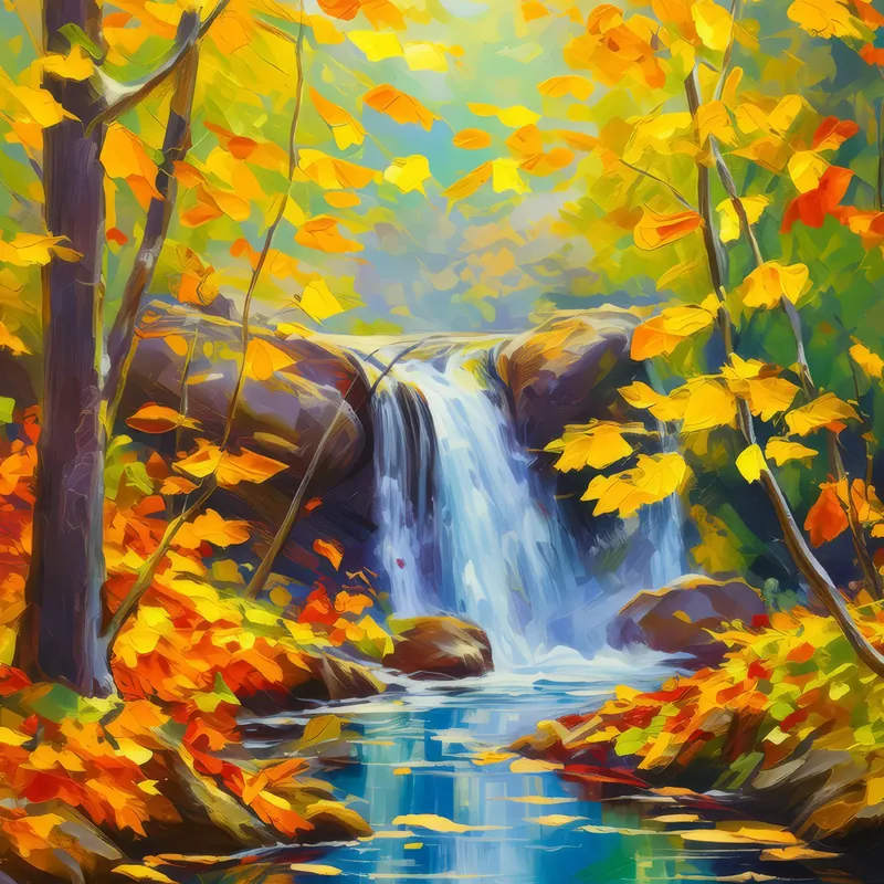 Painting: Waterfall Amidst Autumn Glory