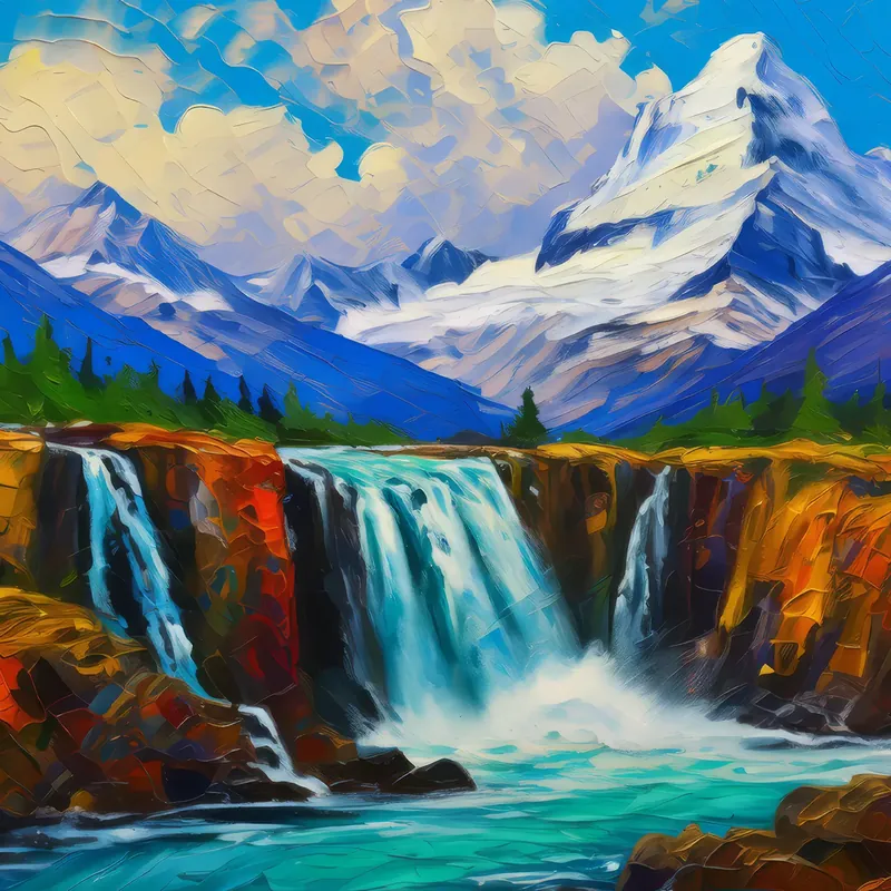 Painting: Waterfall Among Snow Peaks