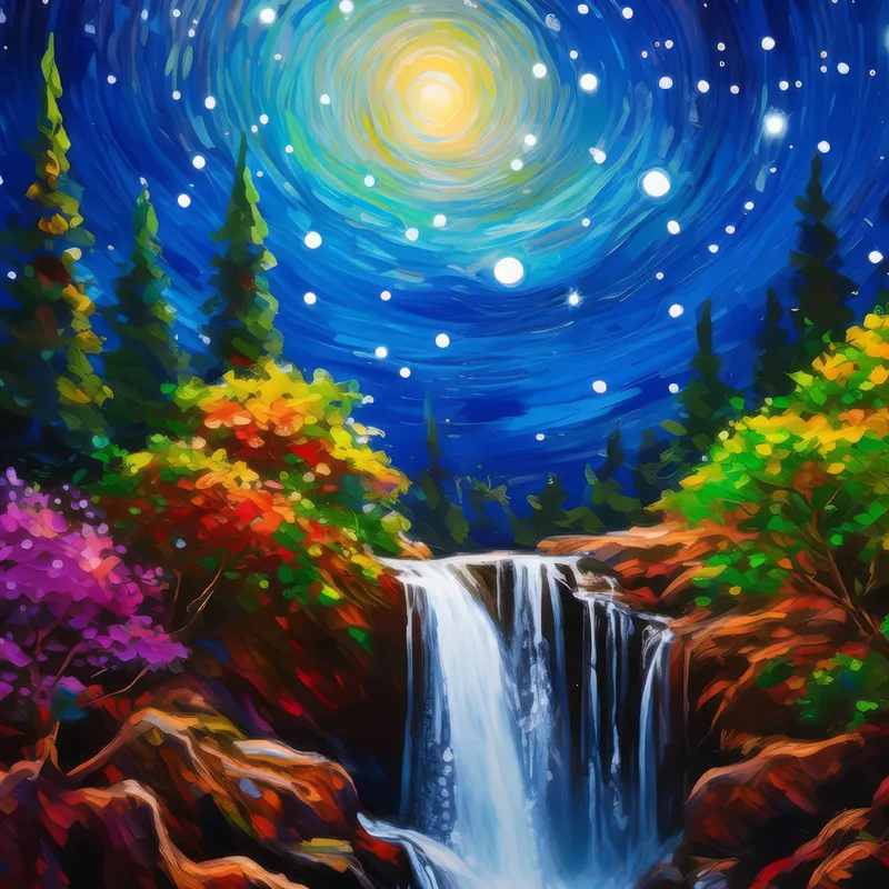 Painting: Waterfall Beneath Starry Sky