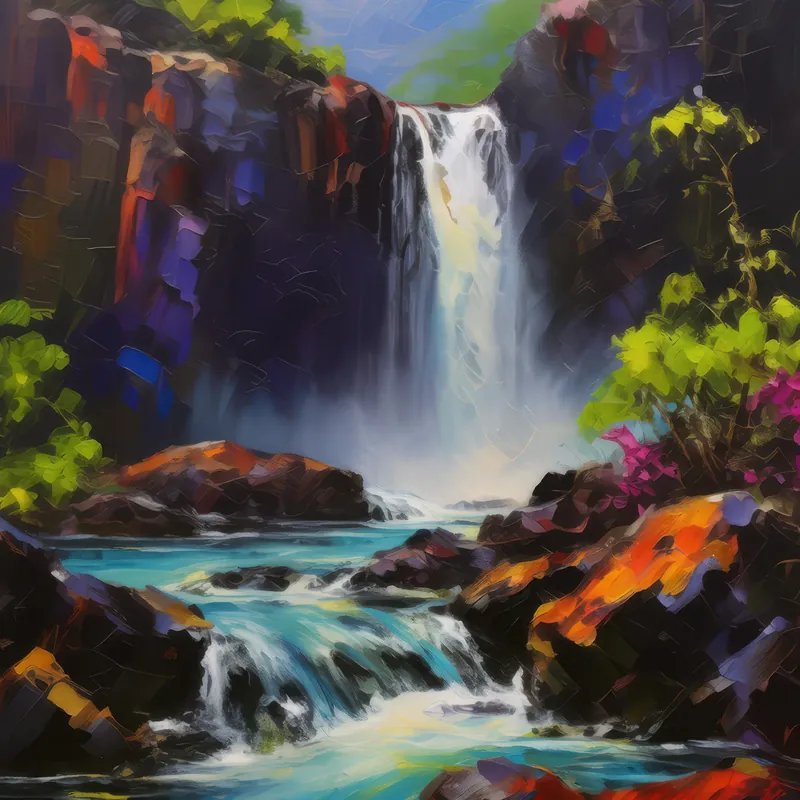 Painting: Waterfall Over Volcanic Rocks