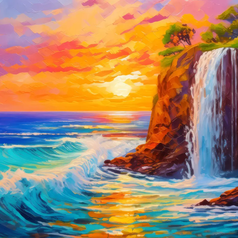 Painting: Waterfall Overlooking the Sea