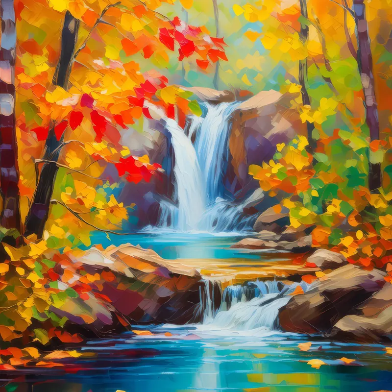 Painting: Waterfall Through Autumn Leaves