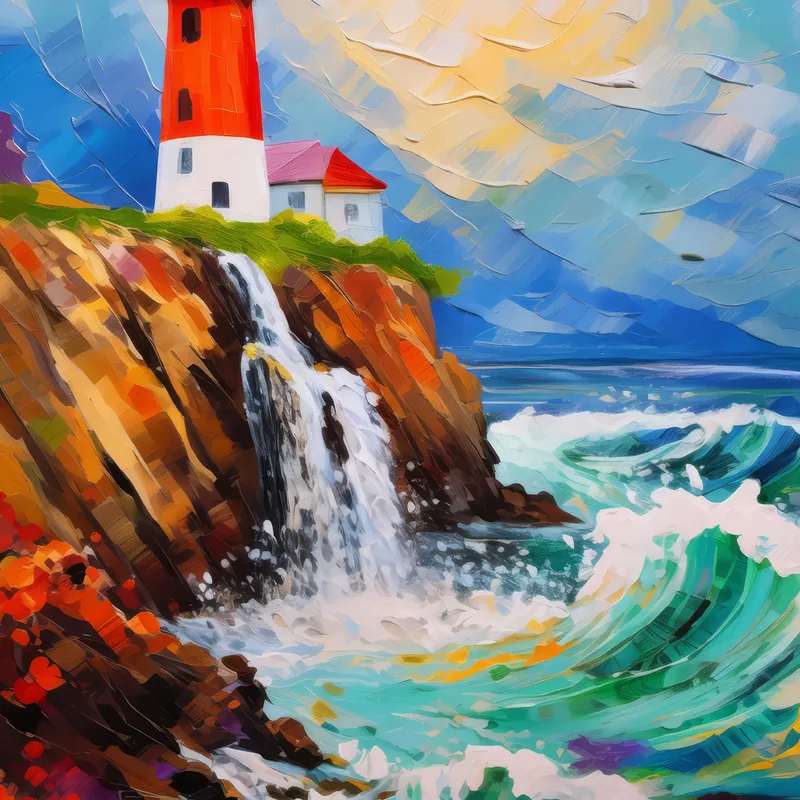 Painting: Waterfall by the Lighthouse
