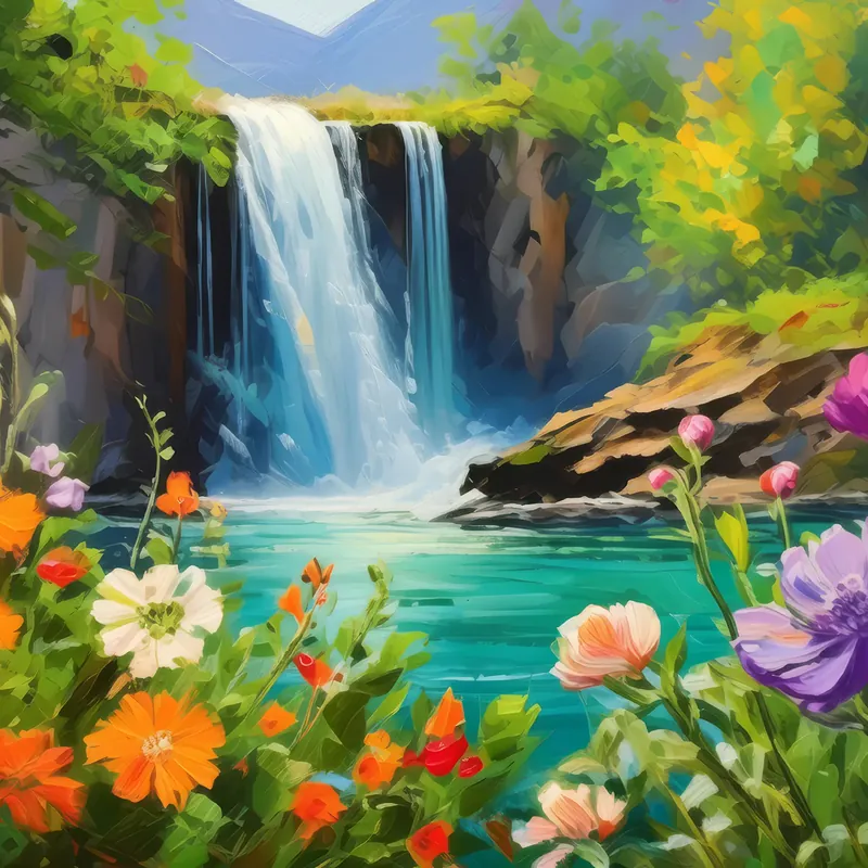 Painting: Waterfall in Blooming Spring