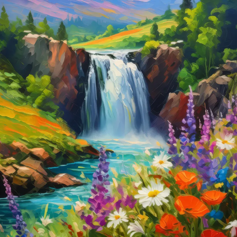 Painting: Waterfall in Blooming Valley