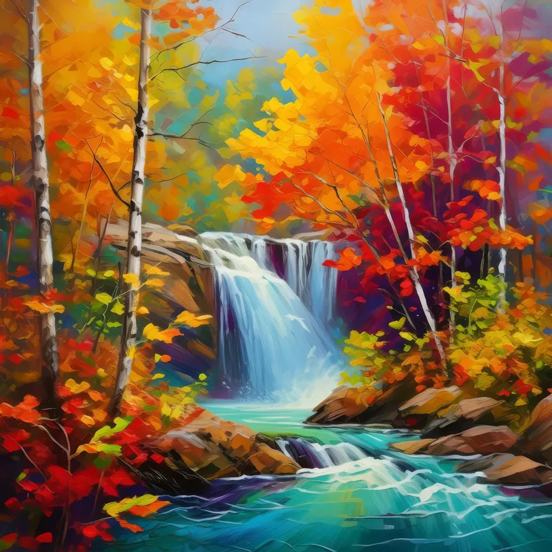 Painting: Waterfall in Vibrant Autumn