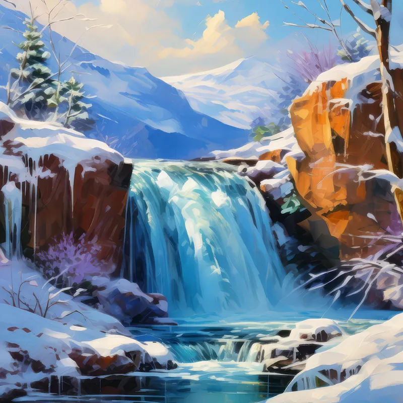 Painting: Waterfall in Winter Wonderland