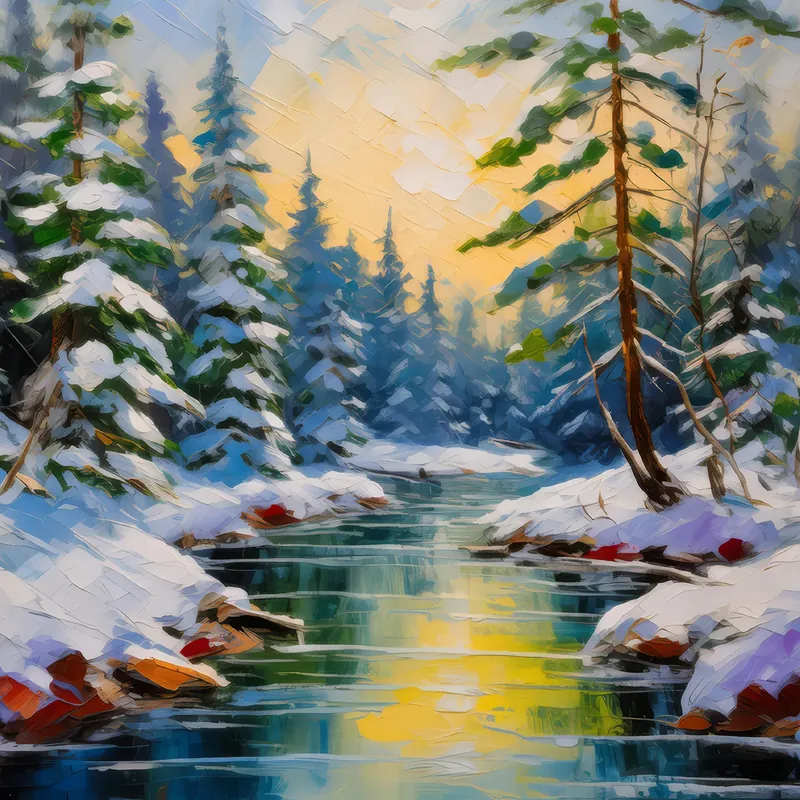 Painting: Winter Boreal River Crossing