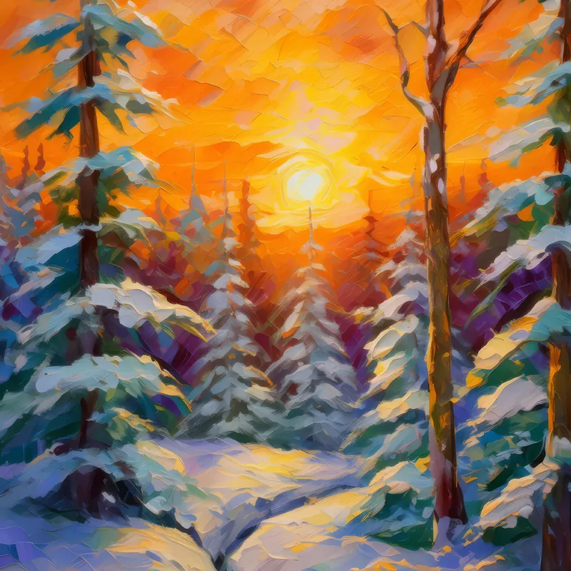 Painting: Winter Forest Sunset